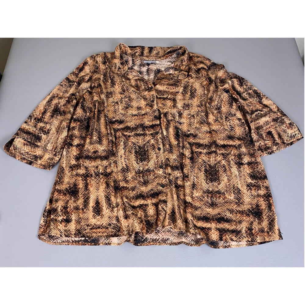 Essentials Blouse Top Women's Plus 4X Brown Abstract Snakeskin Print Button Down